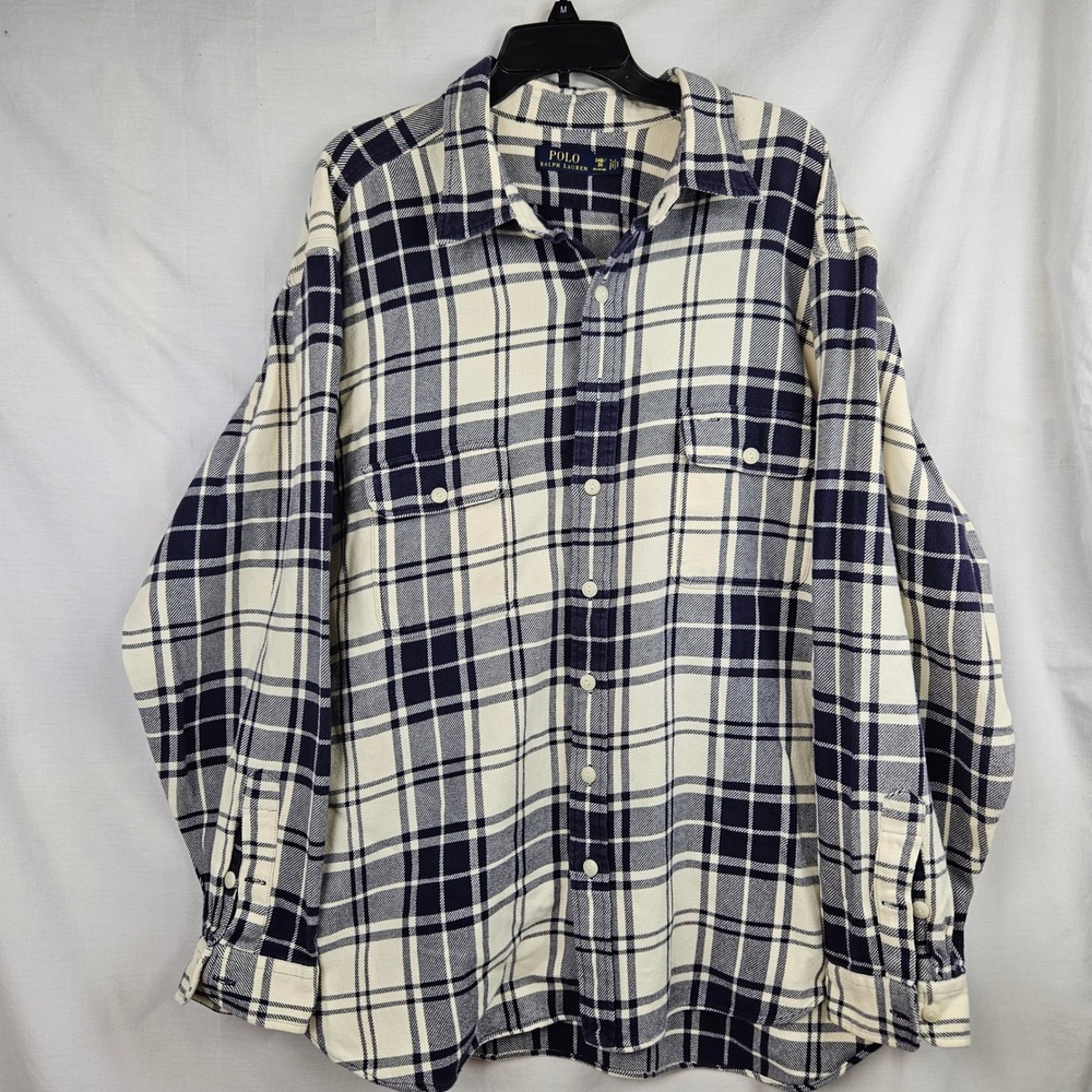 Polo Ralph Lauren Mens 3XB Big & Tall Plaid Flannel Shirt Navy Blue Cream Cotton